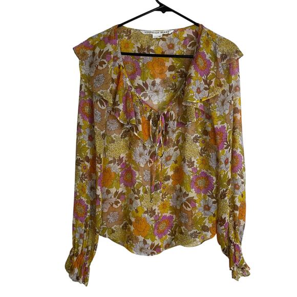 Veronica Beard Kitt Floral Silk Blouse Womens Size 2 Yellow Tie Neck Ruffle - Picture 1 of 11